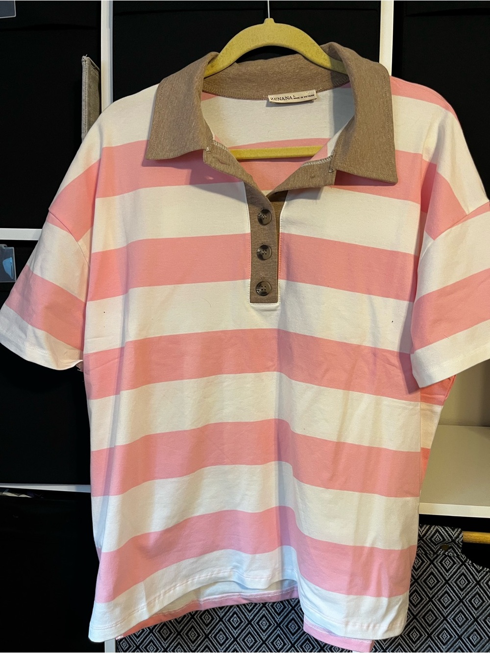 Zenana Outfitters Pink & White Striped Polo with Tan Collar